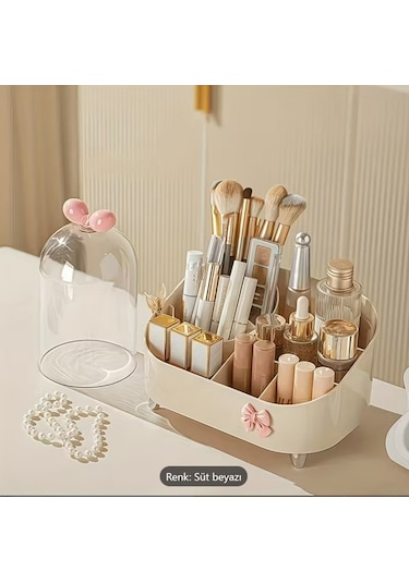 Kapaklı Makyaj Organizeri Toz Korumalı Kozmetik Ve Fırça Düzenleyici Bej