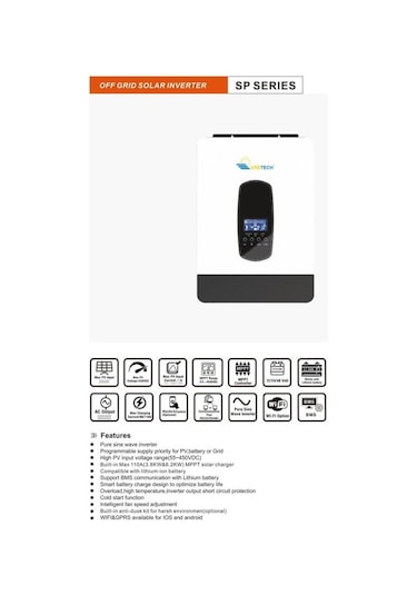 Uretech 2.2 Kva 1.8 Kw 1800 W Tam Sinüs Akıllı 80 A H.v. Mppt 55-450 V İnverter 12 V-220 Vac 1 Kva 1 Kw İnvertör