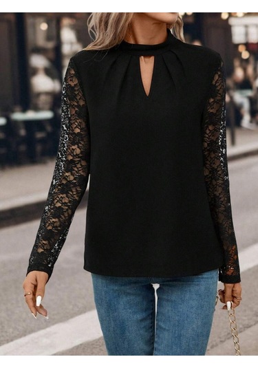Kadın Uzun Dantel Kollu Damla Detay Yakalı Ithal Krep Bluz Siyah