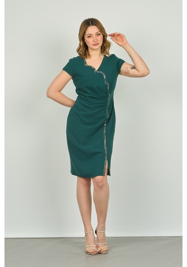 Vals Kadın Drapeli Ay Kollu Krep Kumaş Araboy Abiye Elbise 22-146 Zümrüt