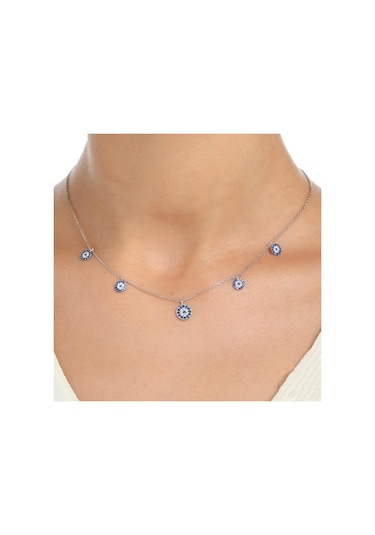 925 Ayar Gümüş Nazar Boncuklu Şans Kolyesi, Beyaz - Beyaz Mavi Ta 59497549