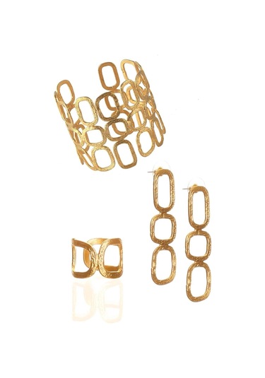 Kadın Mat Altın Kaplama Dikdörtgen Formlu Tasarım Küpe & Bileklik & Yüzük Seti Altın