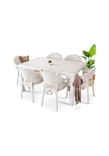 Bambu Kapiçino 90x150 Cm Camsız Rattan Bahçe Balkon Masa Takımı Krem