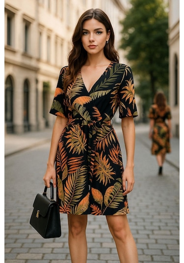 Rich Geometrik Desenli Mini Elbise Modern Ve Çarpıcı Stil Turuncu