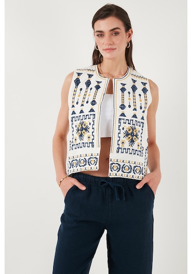 Lela Pamuklu Regular Fit Çiçekli Nakış Işlemeli Bayan Yelek 676293 Ekru