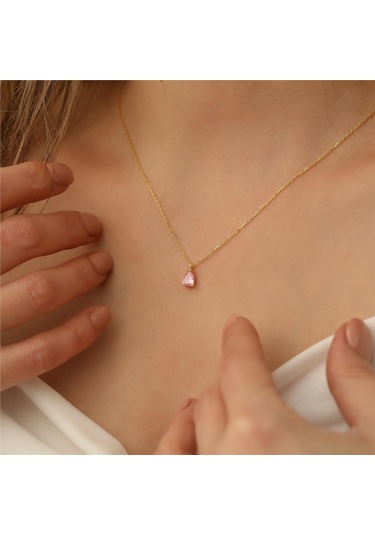 925 Ayar Gümüş Pembe Damla Taşlı Kolye