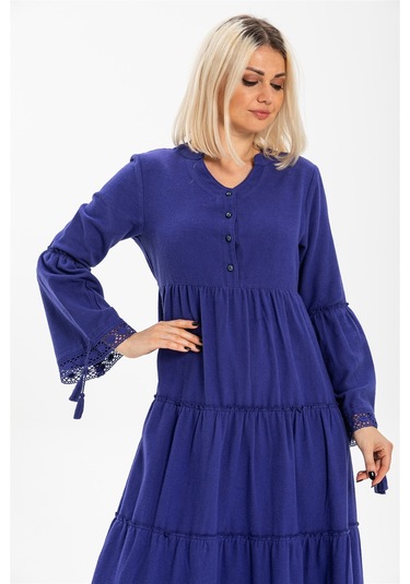 Uzun Kol Seçil Pazen Uzun Elbise Saks Sks Saks Mavisi
