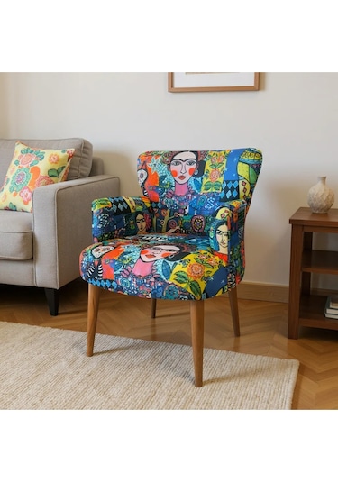 Roma Modern Tekli Koltuk Berjer - Dijital Baskılı Kumaş - Ahşap Ayak - Frida 1 Frida - 1
