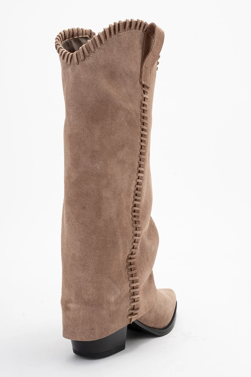 Tyler Toprak Süet Hakiki Deri Dikişli Kadın Western Çizme Toprak