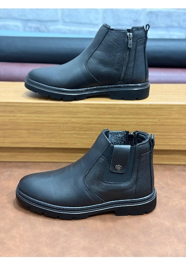 Hakiki Deri Büyük Numara Ortopedik Kürklü Erkek Bot Siyah