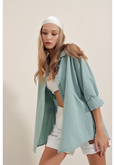 Bigdart 3900 Oversize Uzun Basic Gömlek - Su Yeşili 001