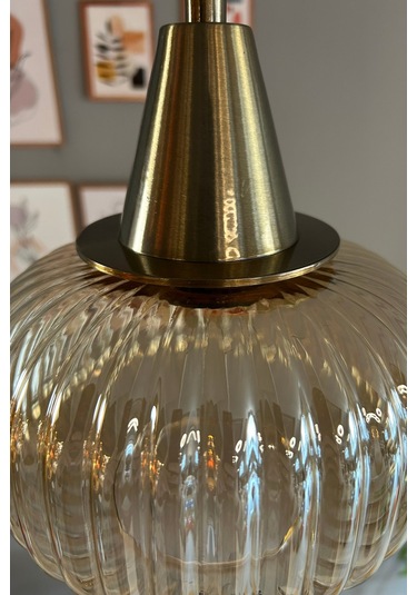 Mola Cam Bal Rengi Tekli Avize Eskitme Huni Başlık Retro Sarkıt Lamba Restoran Salon Aydınlatma Bal