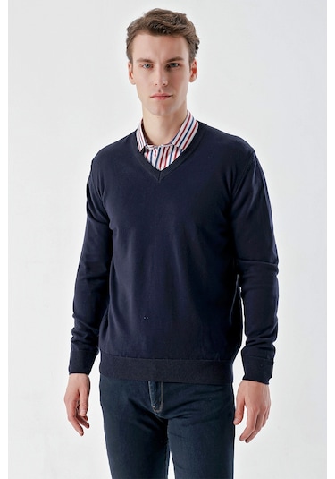 Morven Erkek Lacivert Basic V Yaka Dynamic Fit Rahat Kesim Triko Lacivert
