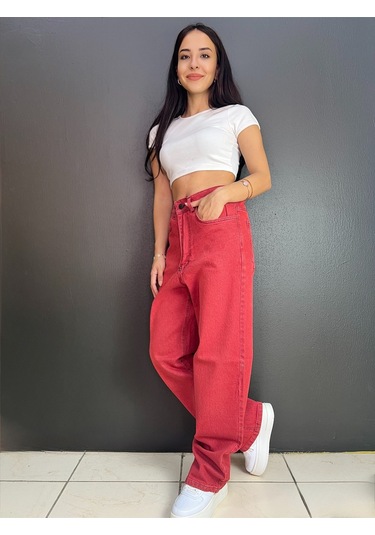 St.poll Vintage Eskitme Yıkama Unisex Baggy Jean Pantolon Vintage Kırmızı