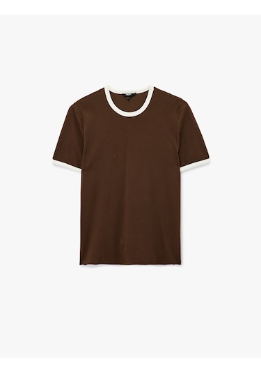 Koton Kısa Kollu Bisiklet Yaka Tok Kumaş Renk Kontrastlı Pamuklu Slim Fit Tişört Kahverengi 6wam10098hk Kahve