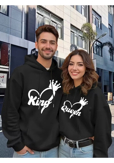 Nevermind Sevgili Çift Kombin King And Queen Baskılı Özel Tasarım Kapüşonlu Siyah
