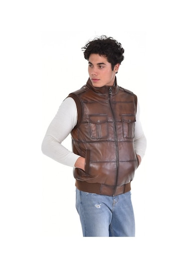 Hakiki Deri Manşetli Erkek Deri Yelek Kahverengi Kahverengi