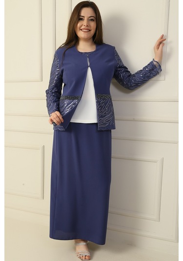 İçi Yarım Ay Kol Bluz Pul Nakışişlemeboncuk Detaylı Ceket Etek Astarlı Büyük Beden 3'lü Takım İndigo İçi Yarım Ay Kol Bluz Pul Nakışişlemeboncuk Detaylı Ceket Etek Astarlı Büyük Beden 3'lü Takım İndigo
