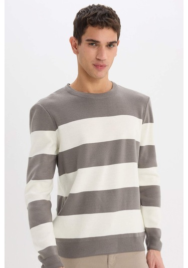 DeFacto Standart Fit Bisiklet Yaka Çizgili Triko Kazak D1968AX24AUGR308