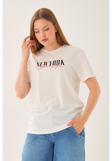 Alexandergardi Oversize Geniş Kalıp Bisiklet Yaka Baskılı T-shirt Beyaz