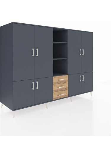 Kronos Dolap 11 Raflı 3 Çekmeceli 8 Kapaklı 220x59x163 Antrasit-a Antrasit-antrasit/çam