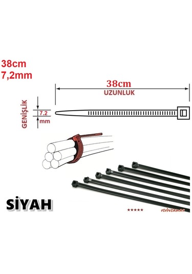 50 Adet 38cmx7,2mm Siyah Plastik Cırt Kelepçe Kablo Bağı