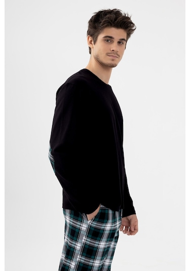 Erkek Pamuklu Uzun Kollu Yamalı Ekose Desenli Pijama Takımı Ko60104 Yeşil