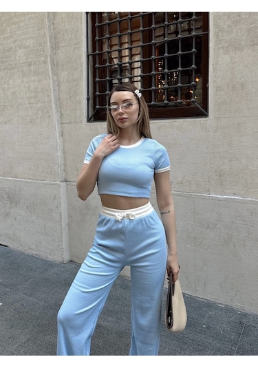 By Mop Crop Pantolon Biyeli Takım Mavi Mavi