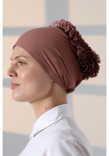 Kadın Fırfırlı Güpürlü Tesettür Topuz Bone - Gül Kurusu Gülkurusu