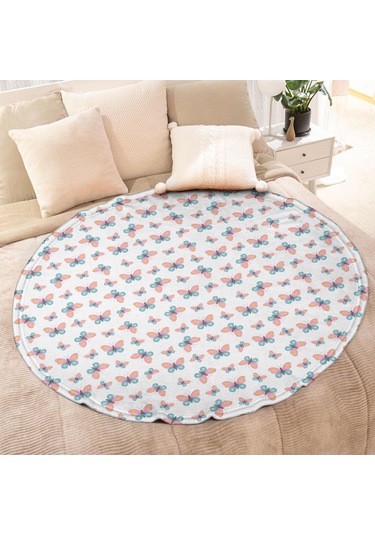Kelebek Desenli 60 İnç Yuvarlak Flanel Battaniye, Yumuşak, Hafif, Ev Seyahat Butterfly Cartoon White