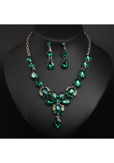 Kristal Değerli Taşlar, Köprücük Kemiği Gerdanlığı Küpe Seti, Su Damlası Kadın Aksesuarları Yeşil