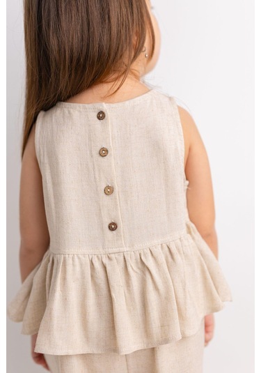 Oliventhekid Beli Volanlı Sırtı Düğmeli Kolsuz Keten Kız Çocuk Tulum Bej Bej