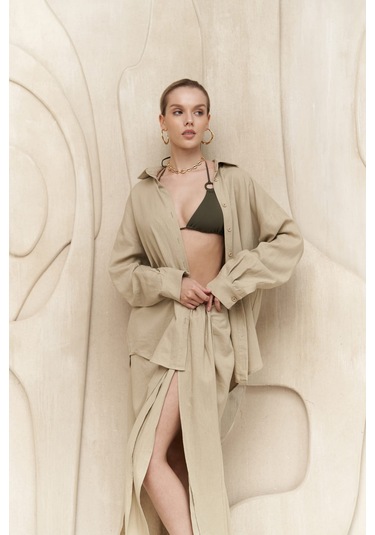 Charlotte Bej Oversize Keten Gömlek Bej