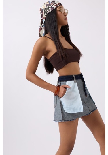 Ters Detay Denim Mini Etek Mavi