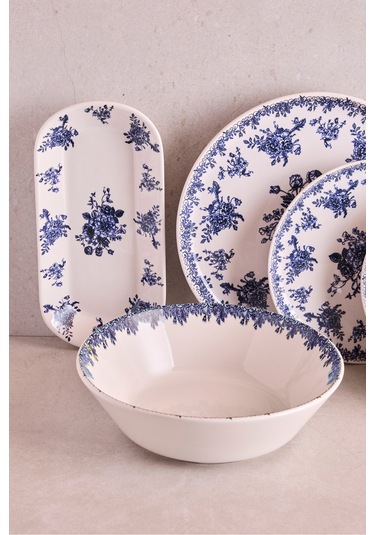 Antik Mavi 27 Parça 6 Kişilik Seramik Yemek Takımı Vintage Mavi Çiçekli Yuvarlak Servis Seti Mavı Mavi