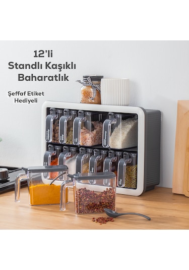 Porsima 1118 12li Standlı Kaşıklı Kapaklı Baharatlık Seti Antrasi Antrasit - Beyaz