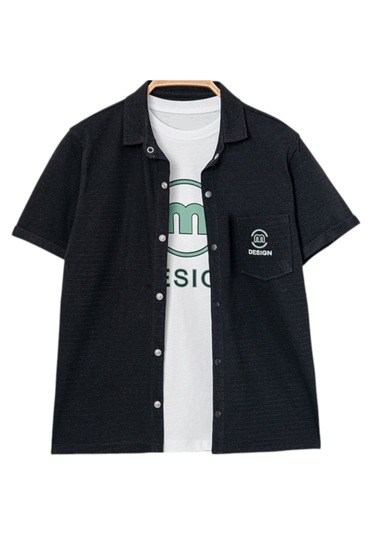 Erkek Çocuk M Design Yazılı Tişört Çıtçıtlı Siyah Gömlek Takımı