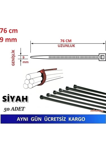50 Adet Pemsan 76Cm X 9Mm Plastik Cırt Kelepçe Kablo Bağı N11.1099