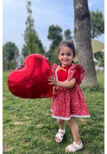 Dantel Ve Fırfır Detaylı Çiçekli Kırmızı Kız Çocuk Bebek Elbise 001