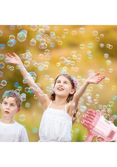 Pilli Roket Atar Köpük Tabancası 32 Delikli Bazooka Bubble Machine - Pembe Pembe