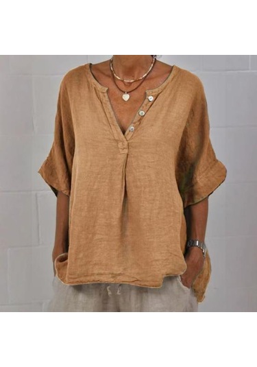 Pamuk Keten Kadın Gömlek V Yaka Düğmeli Yarım Patlet Yarım Kol Nefes Alabilir Bol Kamel