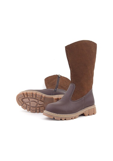 Rakerplus Hakiki Deri Taba Kahve Fermuarlı Uzun Kız Çocuk Çizme Taba