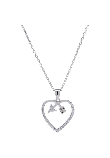 Kalp Model Ok Detaylı Zirkon Taşlı 925 Ayar Gümüş Kadın Kolye