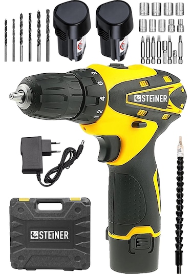 Steiner 36 V Sjs Çift Metal Şanzıman Çift Akülü Şarjlı Vidalama Matkap + 24 Parça Set Sarı