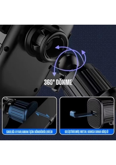 Coofbe Airwent Ultra Güçlü 360 Döner Klipsli Havalandırma Araç İçi Telefon Tutucu Araç Tutucu Siyah