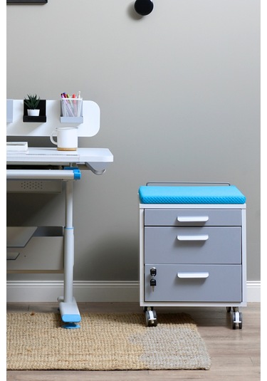 Creo Mobili Çekmeceli Kilitli Tekerlekli Vega Keson, Oturulabilir Ofis Ve Ev Komodini, Beyaz/mavi