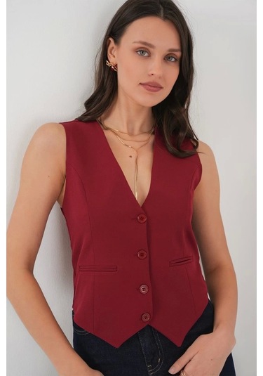 Defymoda 6796 Kısa Dokuma Yelek - Bordo Bordo