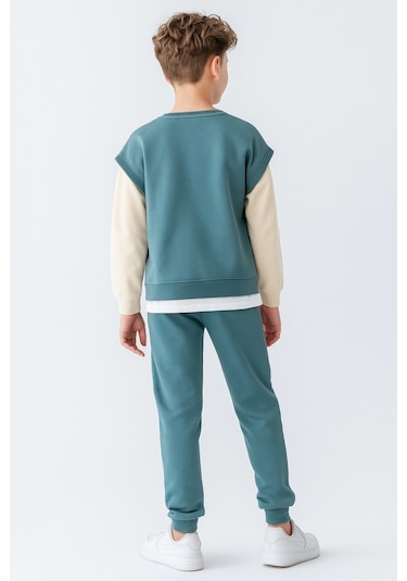 Erkek Çocuk Upper Baskılı 3 İplik Kalın Kışlık Eşofman Takımı Ak4231 Mavi