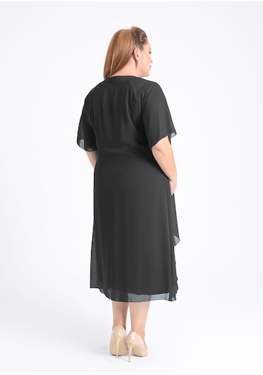 Büyük Beden Siyah Renkli Taş Baskılı Kısa Abiye Elbise Siyah