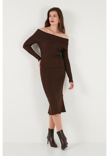 Lela Premium Fitilli Carmen Yaka Slim Fit Midi Boy Triko Bayan Elbise 680El00033 Kahve